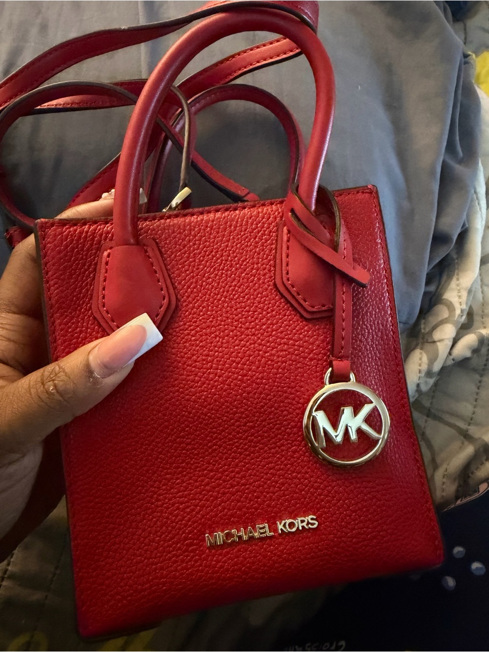 Michael Kors Red Pebbled Mini Crossbody Tote with MK Charm